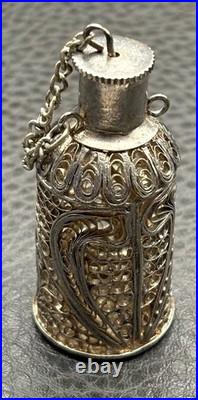 Vintage Victorian Nouveau Spun Silver Filigree Scent Perfume Bottle Pendant