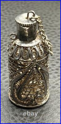 Vintage Victorian Nouveau Spun Silver Filigree Scent Perfume Bottle Pendant