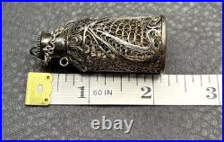 Vintage Victorian Nouveau Spun Silver Filigree Scent Perfume Bottle Pendant