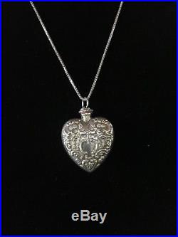 Vintage Victorian Sterling Silver Repousse Heart Perfume Bottle Pendant with Chain