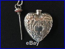 Vintage Victorian Sterling Silver Repousse Heart Perfume Bottle Pendant with Chain