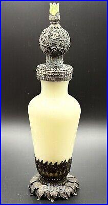 Vintage White Jade Chinese Handmade Perfume Bottle Etched Floral Deco