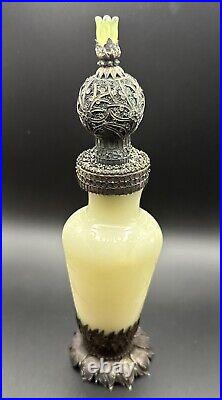 Vintage White Jade Chinese Handmade Perfume Bottle Etched Floral Deco