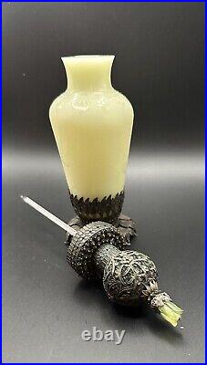 Vintage White Jade Chinese Handmade Perfume Bottle Etched Floral Deco