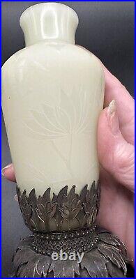 Vintage White Jade Chinese Handmade Perfume Bottle Etched Floral Deco