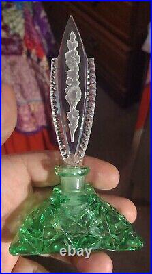 Vintage Women's Uranium Glass Perfume Bottle with Glass Stopper Collectible Used