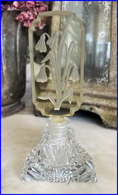 Vintage YELLOW CZECH GLASS Intaglio Perfume Bottle With Flat Stopper And FLOWERS