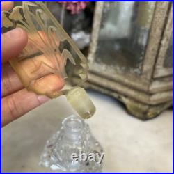 Vintage YELLOW CZECH GLASS Intaglio Perfume Bottle With Flat Stopper And FLOWERS