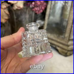 Vintage YELLOW CZECH GLASS Intaglio Perfume Bottle With Flat Stopper And FLOWERS