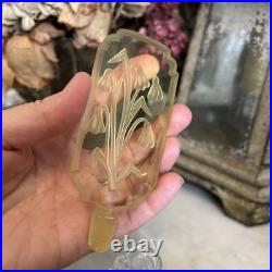 Vintage YELLOW CZECH GLASS Intaglio Perfume Bottle With Flat Stopper And FLOWERS