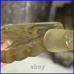 Vintage YELLOW CZECH GLASS Intaglio Perfume Bottle With Flat Stopper And FLOWERS