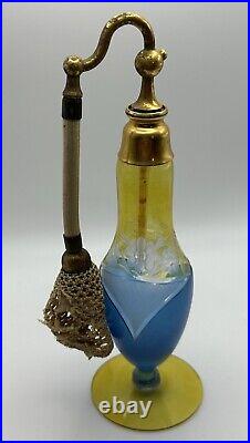 Vintage Yellow & Aqua Blue Perfume Atomizer Bottle withEtching