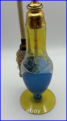 Vintage Yellow & Aqua Blue Perfume Atomizer Bottle withEtching