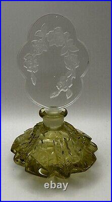 Vintage Yellow Czech Decorative Perfume Bottle Bohemian Flower Pattern Cut Glass