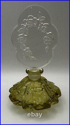 Vintage Yellow Czech Decorative Perfume Bottle Bohemian Flower Pattern Cut Glass