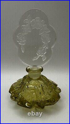 Vintage Yellow Czech Decorative Perfume Bottle Bohemian Flower Pattern Cut Glass