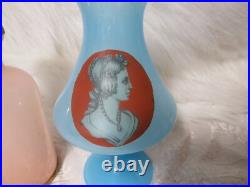 Vintage/antique Vnc Opaline Pink Dresser Bottle, Blue Perfume & Cameo Vase Italy Vintage/antique Vnc Opaline Pink Dresser Bottle, Blue Perfume & Cameo Vase Italy