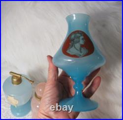 Vintage/antique Vnc Opaline Pink Dresser Bottle, Blue Perfume & Cameo Vase Italy Vintage/antique Vnc Opaline Pink Dresser Bottle, Blue Perfume & Cameo Vase Italy