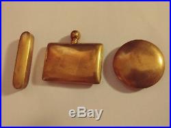 Vintage brass guilloche enamel set perfume scent bottle / needle case / pill box