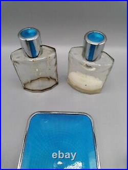 Vintage deco guilloche enamel vanity set perfume bottles brush mirror leather