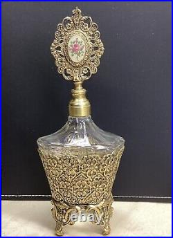 Vintage gold tone ormolu perfume bottle 8H sent holder Painted Rose Medallion