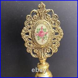 Vintage gold tone ormolu perfume bottle 8H sent holder Painted Rose Medallion