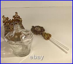 Vintage gold tone ormolu perfume bottle 8H sent holder Painted Rose Medallion