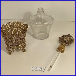 Vintage gold tone ormolu perfume bottle 8H sent holder Painted Rose Medallion