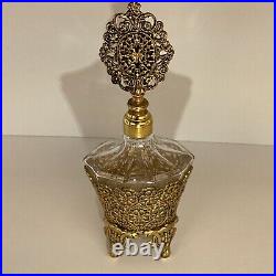 Vintage gold tone ormolu perfume bottle 8H sent holder Painted Rose Medallion