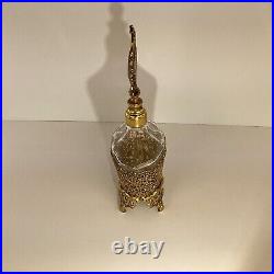 Vintage gold tone ormolu perfume bottle 8H sent holder Painted Rose Medallion