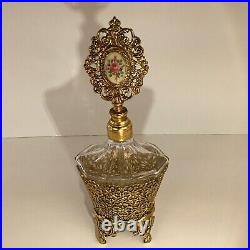 Vintage gold tone ormolu perfume bottle 8H sent holder Painted Rose Medallion