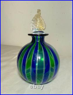 Vintage hand blown Italian Murano green blue gold glass scent perfume bottle jar