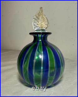 Vintage hand blown Italian Murano green blue gold glass scent perfume bottle jar
