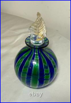 Vintage hand blown Italian Murano green blue gold glass scent perfume bottle jar
