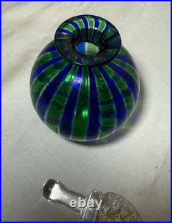Vintage hand blown Italian Murano green blue gold glass scent perfume bottle jar