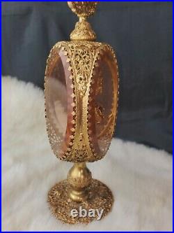 Vintage metal Rose Vanity Perfume Bottle Filigree Ormolu Gold Plate