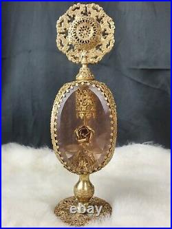 Vintage metal Rose Vanity Perfume Bottle Filigree Ormolu Gold Plate COMPLETE