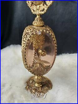 Vintage metal Rose Vanity Perfume Bottle Filigree Ormolu Gold Plate COMPLETE