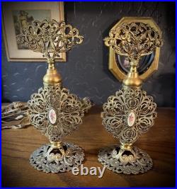 Vintage ornate gold gilt filigree perfume bottles w floral cabochons, set of two