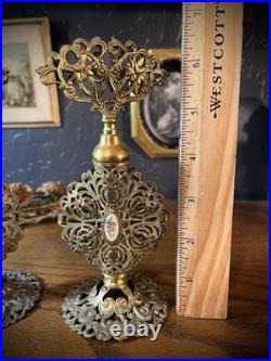 Vintage ornate gold gilt filigree perfume bottles w floral cabochons, set of two