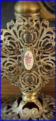 Vintage ornate gold gilt filigree perfume bottles w floral cabochons, set of two