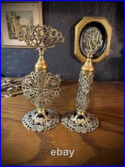 Vintage ornate gold gilt filigree perfume bottles w floral cabochons, set of two