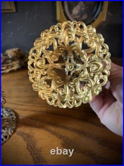 Vintage ornate gold gilt filigree perfume bottles w floral cabochons, set of two