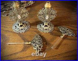 Vintage ornate gold gilt filigree perfume bottles w floral cabochons, set of two