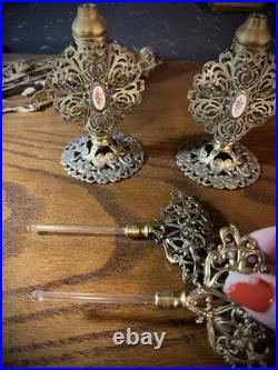 Vintage ornate gold gilt filigree perfume bottles w floral cabochons, set of two Vintage ornate gold gilt filigree perfume bottles w floral cabochons, set of two