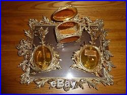 Vntg Amber 24K Gold Plate filigree Ormolu Perfume Bottles, tray & Jewelry casket