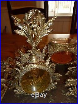 Vntg Amber 24K Gold Plate filigree Ormolu Perfume Bottles, tray & Jewelry casket