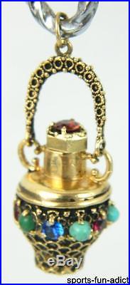 Vtg 14K Multi Semi-Precious Gemstone Yellow Gold Chatelaine Perfume Bottle Charm