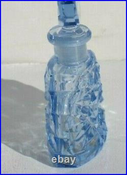 Vtg 1920s Antique Art Deco Czech Perfume Bottle Blue Cut Glass Stopper