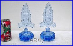 Vtg 1930s Blue Glass Perfume Bottles Vanity Dresser Set w Large Fancy Stoppers